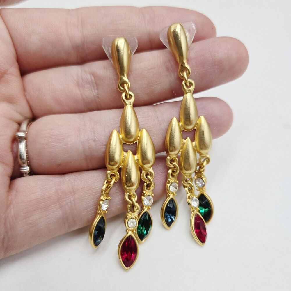 Vintage Moghul Style Jeweled Tone Cabochons Matte Gold Tone Earrings Dangle